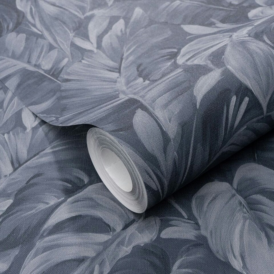 image 1 of Erismann Play Of Light Palm Leaf Vinyl Textured Wallpaper - Navy - 10m x 53cm Blue