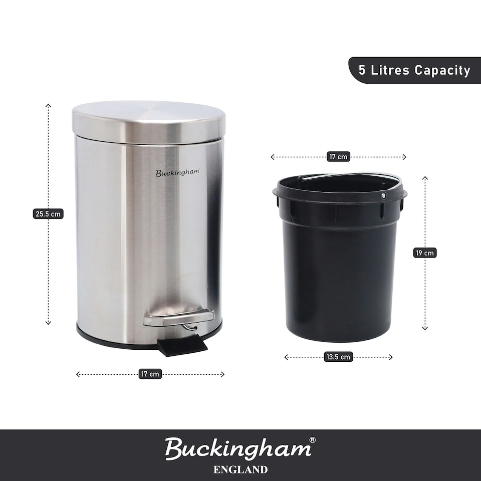 image 1 of Buckingham Stainless Steel Soft Closing Round Pedal Waste Bin 5 Litre , Brushed Finish