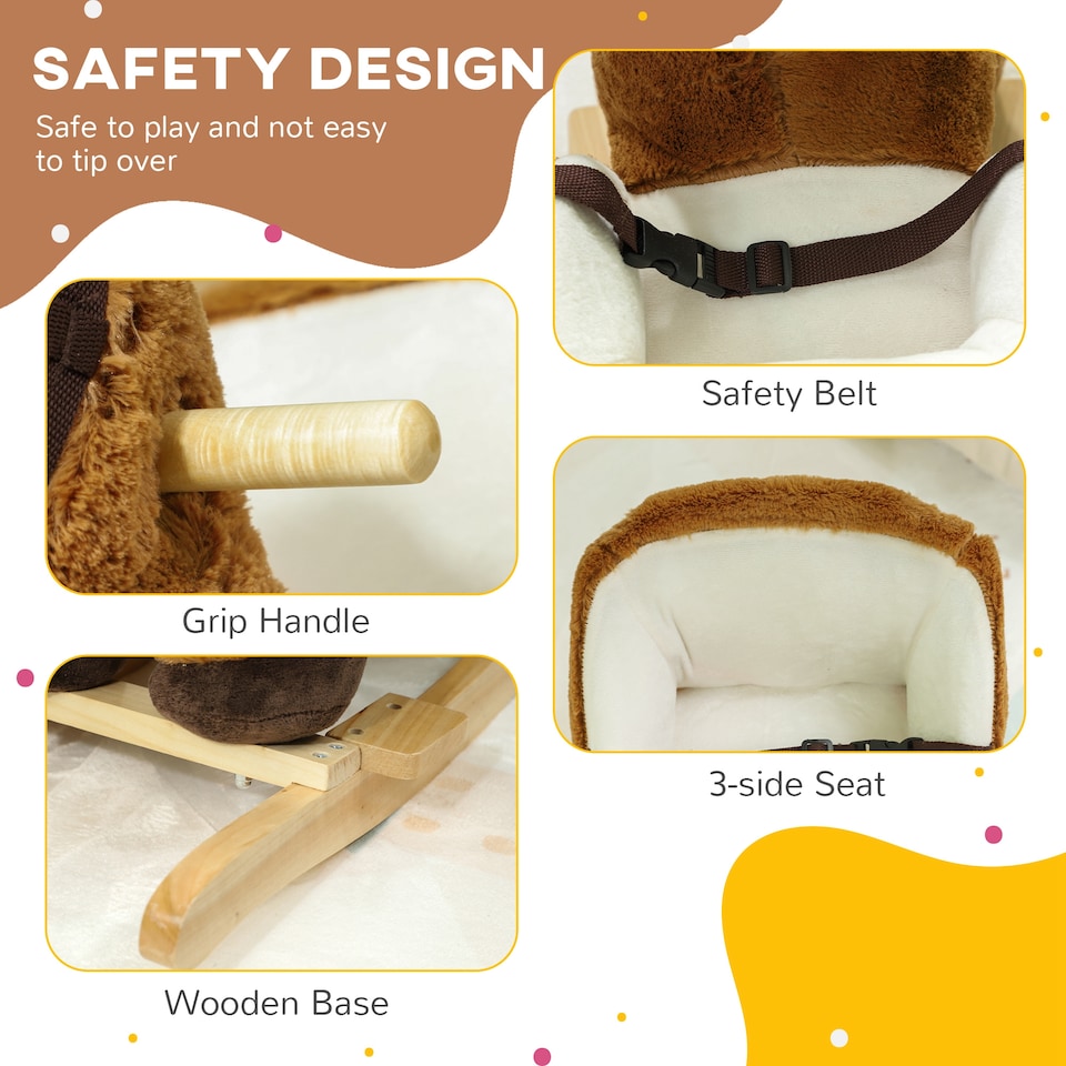 image 1 of AIYAPLAY Kids Rocking Horse, Plush Ride on Horse, with Sound, Wood Base, Seat Safety Belt, for Ages 18-36 Months, Brown