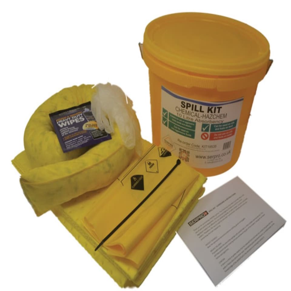 10 Litre Chemical Spill Kit in a Plastic Tub.- Acd, Alkali, Caustic