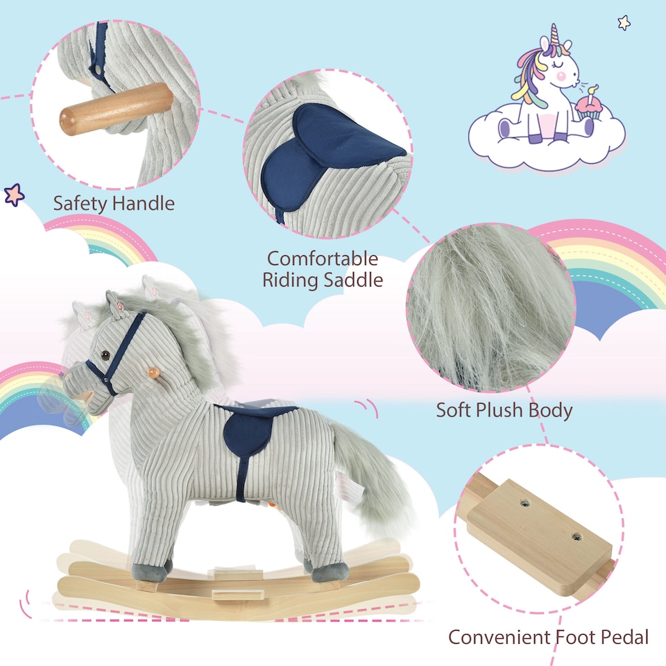 image 1 of HOMCOM Kids Plush Rocking Horse with Sound Children Rocker Ride On Toy Gift 3-6 Years Grey