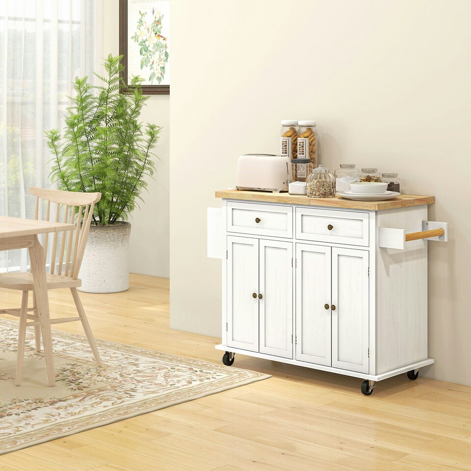 image 1 of HOMCOM Rolling Kitchen Island Cart with Rubber Wood Top, White