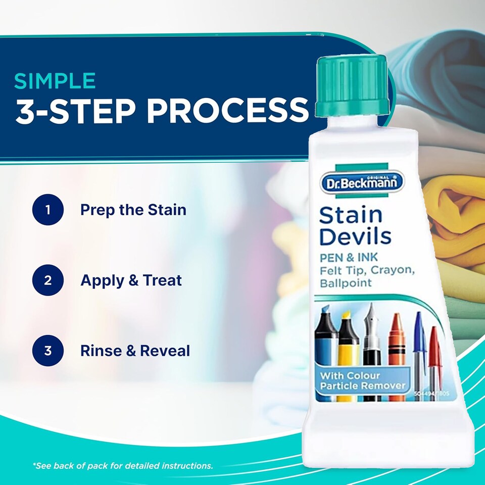 image 1 of Dr Beckmann Stain Devils Pen and Ink Remover Fabric Stain Cleaner for Ballpoint Fountain and Felt Tip Ink 50ml Pack of 2