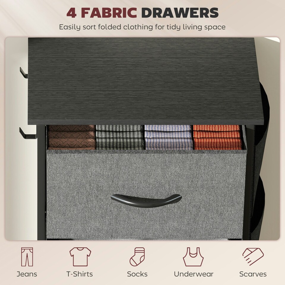 image 1 of HOMCOM Fabric Chest of Drawers, 4 Drawer Dresser for Bedroom, Charcoal Grey Grey | Black