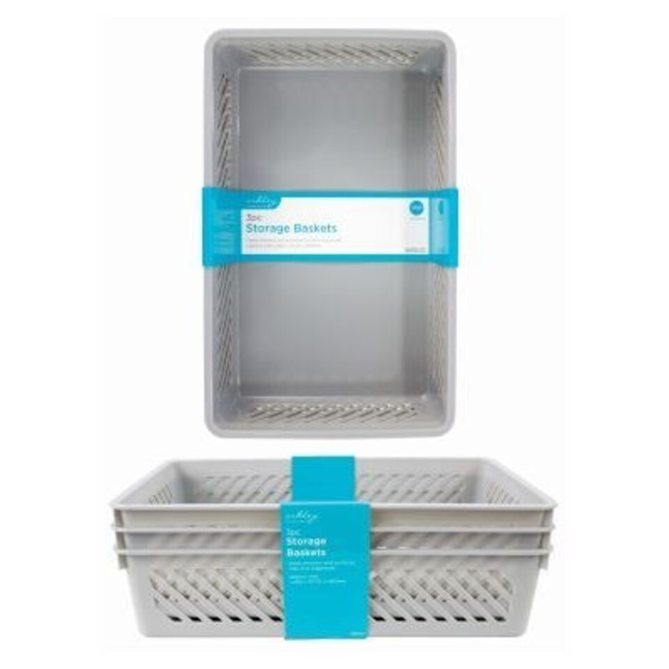 Ashley Plastic Storage Baskets - 26.5cm x 17cm x 6cm - Grey - Pack of 3