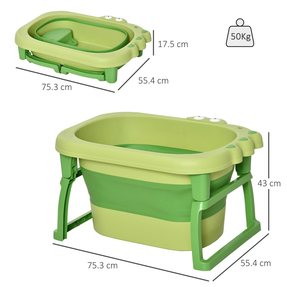image 1 of HOMCOM Foldable Baby Bathtub for Newborns Infants Toddlers w/ Stool - Green