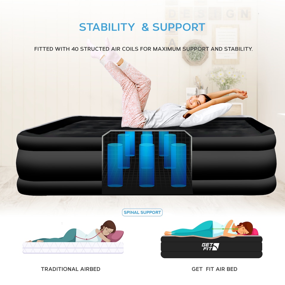 image 1 of Get Fit Air Bed With Built In Electric Pump - Premium King Size - Blow Up Bed With 2 X Free Pillows - Elevated Inflatable Air Mattress | Black | Black Mono | 1
