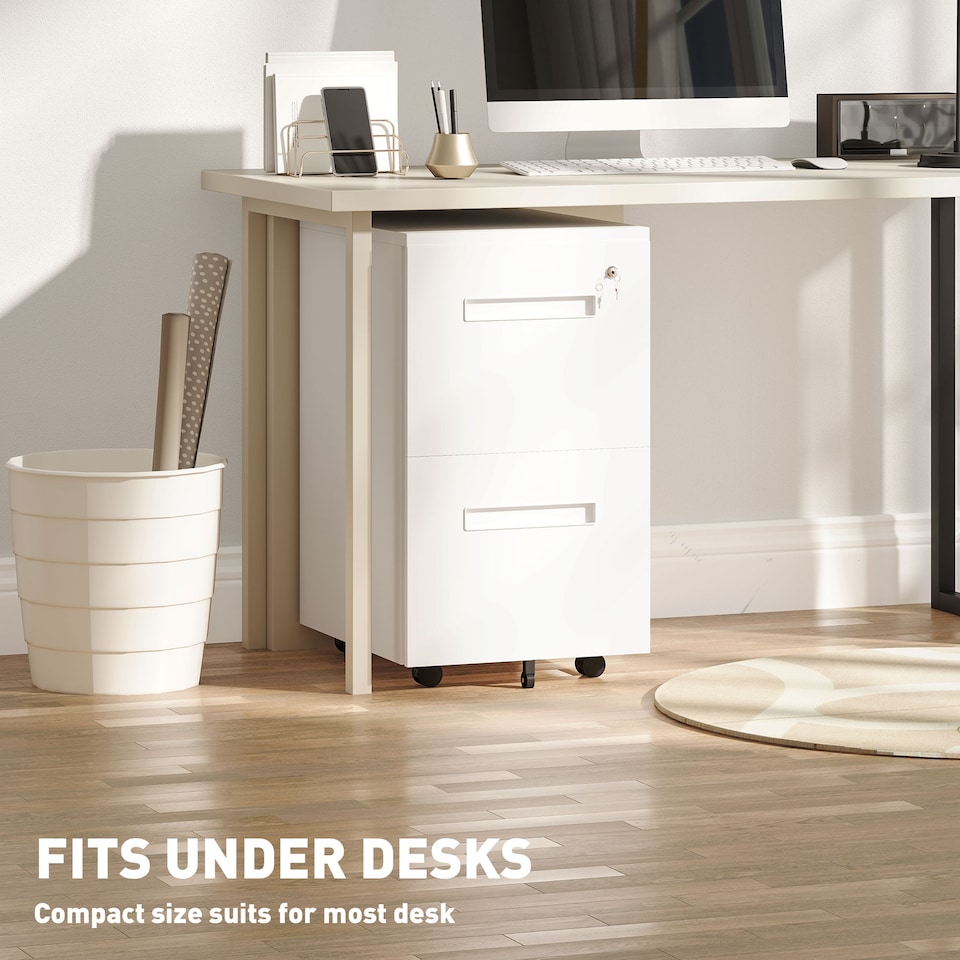 image 1 of Vinsetto Metal Mobile File Cabinet with Wheels, Lockable 2 Drawer Filing Cabinet for A4, Legal, Letter, Compact Under Desk Storage Unit with Pre-Assembled Body for Home Office, 39 x 48 x 67cm, White