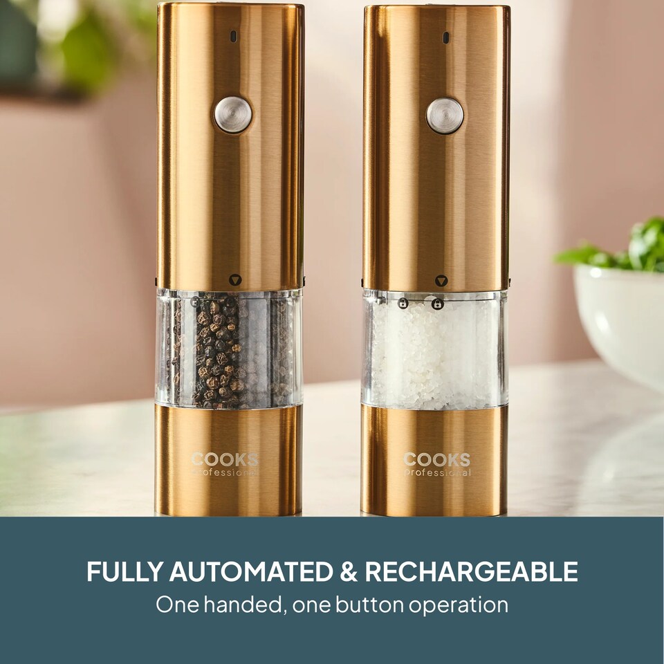 image 1 of Cooks Professional Rechargeable Salt and Pepper Mill Set with Bamboo Base