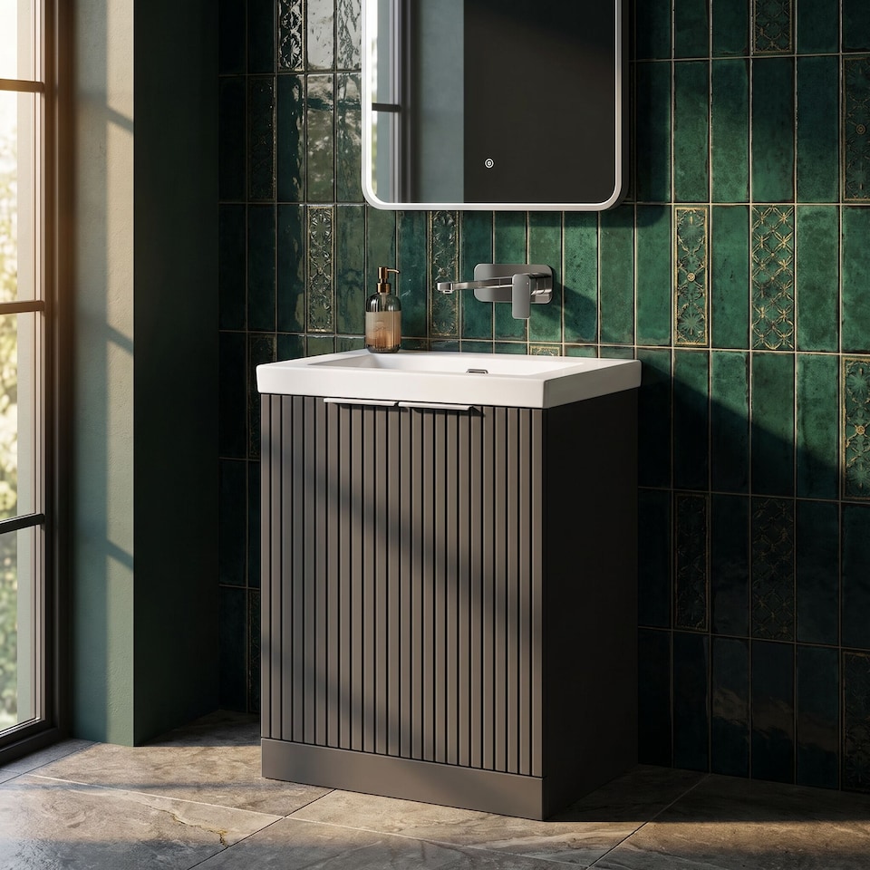 image 1 of Balterley Callingwood Contemporary Floor Standing 2 Door Vanity Unit with 0 Tap Hole Fireclay Basin , 600mm, Dark Grey