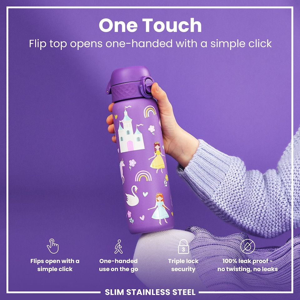 image 1 of Leak Proof Slim Water Bottle, Stainless Steel, 600ml (20oz) | Purple | Princess | One Size