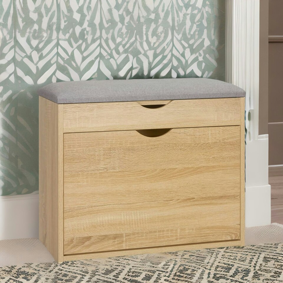 image 1 of Shoe Storage Bench With Cushioned Seat and Hidden Storage Natural Brown Brown