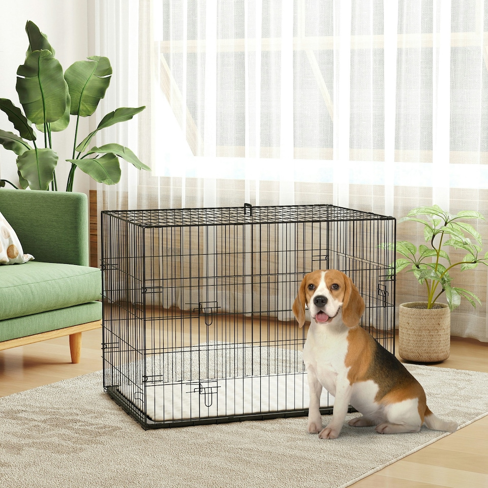 image 1 of PawHut Dog Crate with Two Doors, Tray, Soft Cushion, for Large Dogs, Black