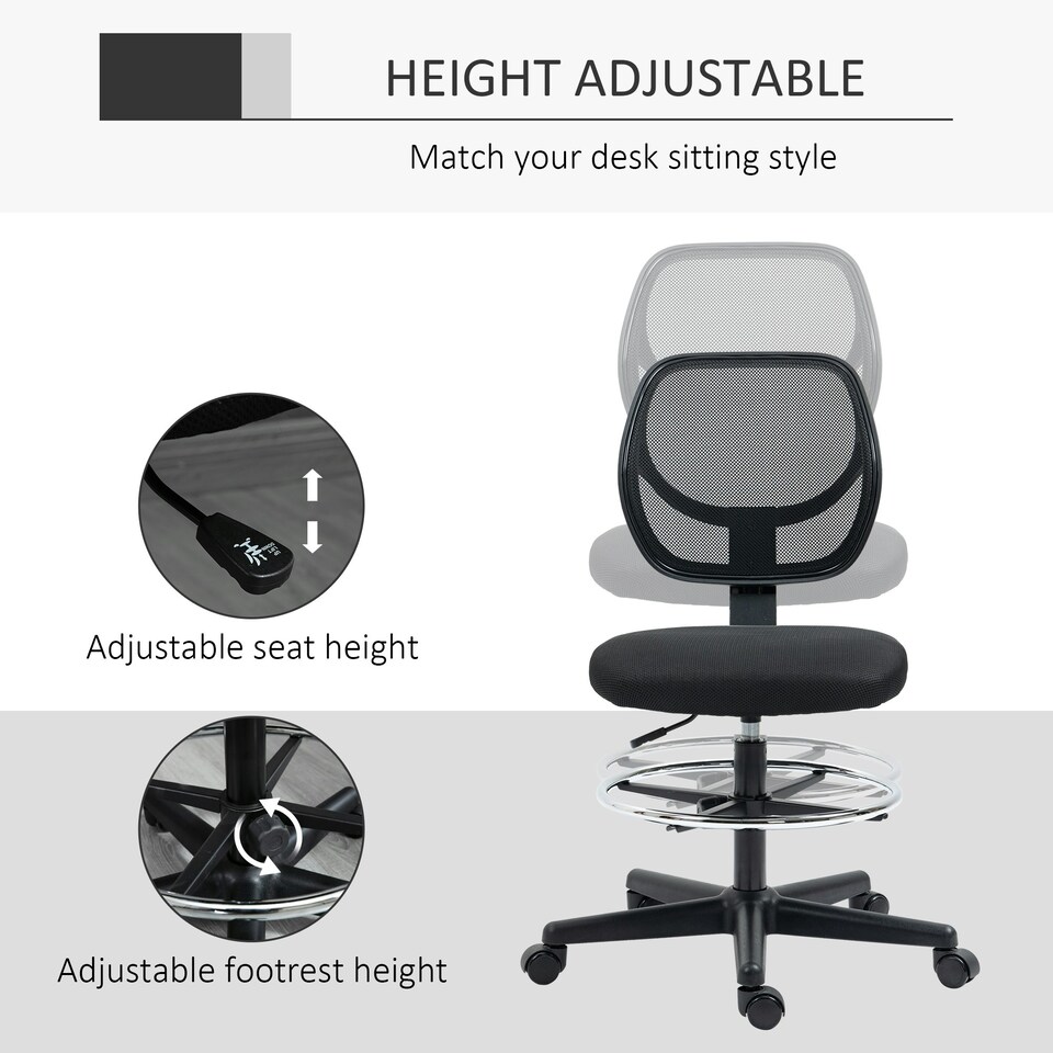 image 1 of Vinsetto Draughtsman Chair Office Chair w/ Adjustable Footrest Ring, Black