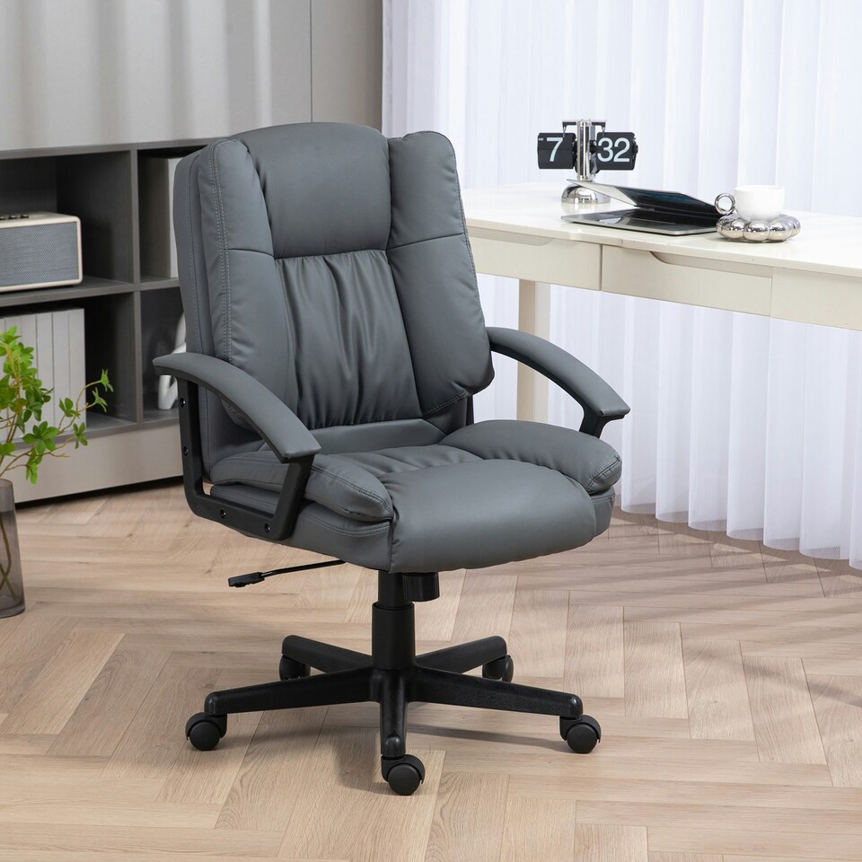 image 1 of HOMCOM Faux Leather Home Office Chair Mid Back Desk Chair with Arms Dark Grey