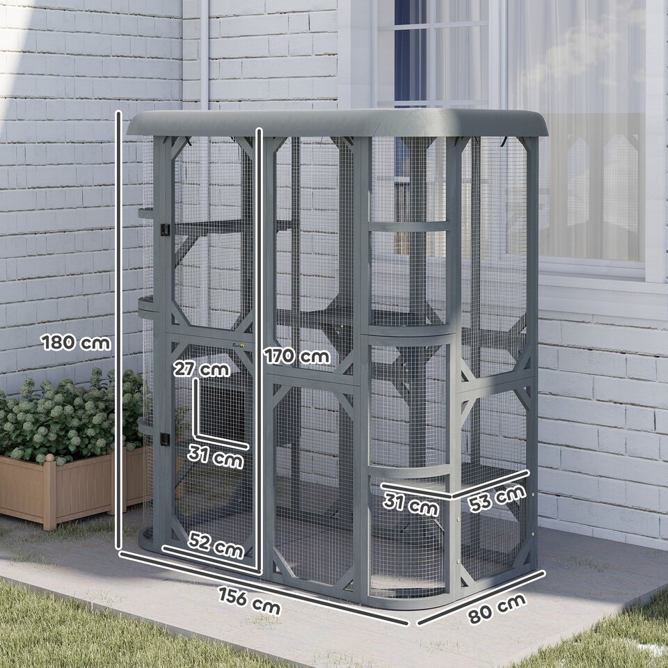 image 1 of PawHut Walk-in Catio, Outdoor Cat Enclosure with 4 Jumping Platforms, Condo and Waterproof Cover, Outdoor Indoor Large Cat House for 2-3 Kittens ,Grey