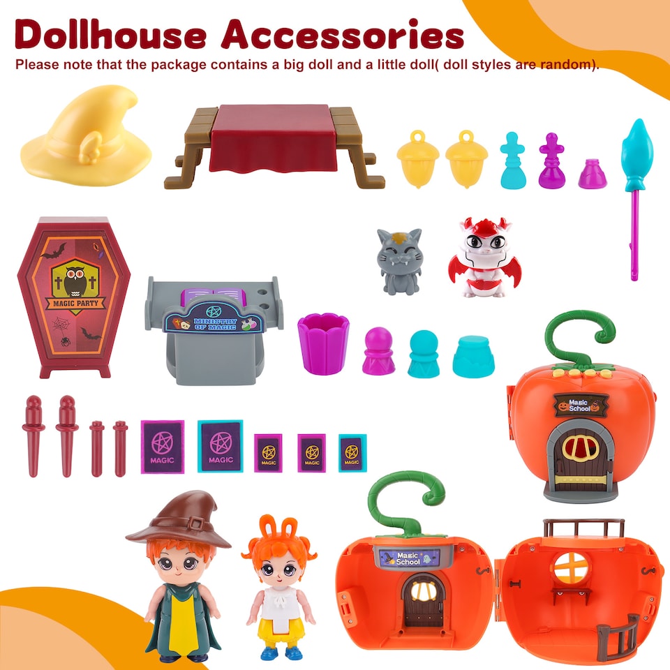 image 1 of Magic Pumpkin Doll House Playset with Characters Furniture and Classroom Accessories