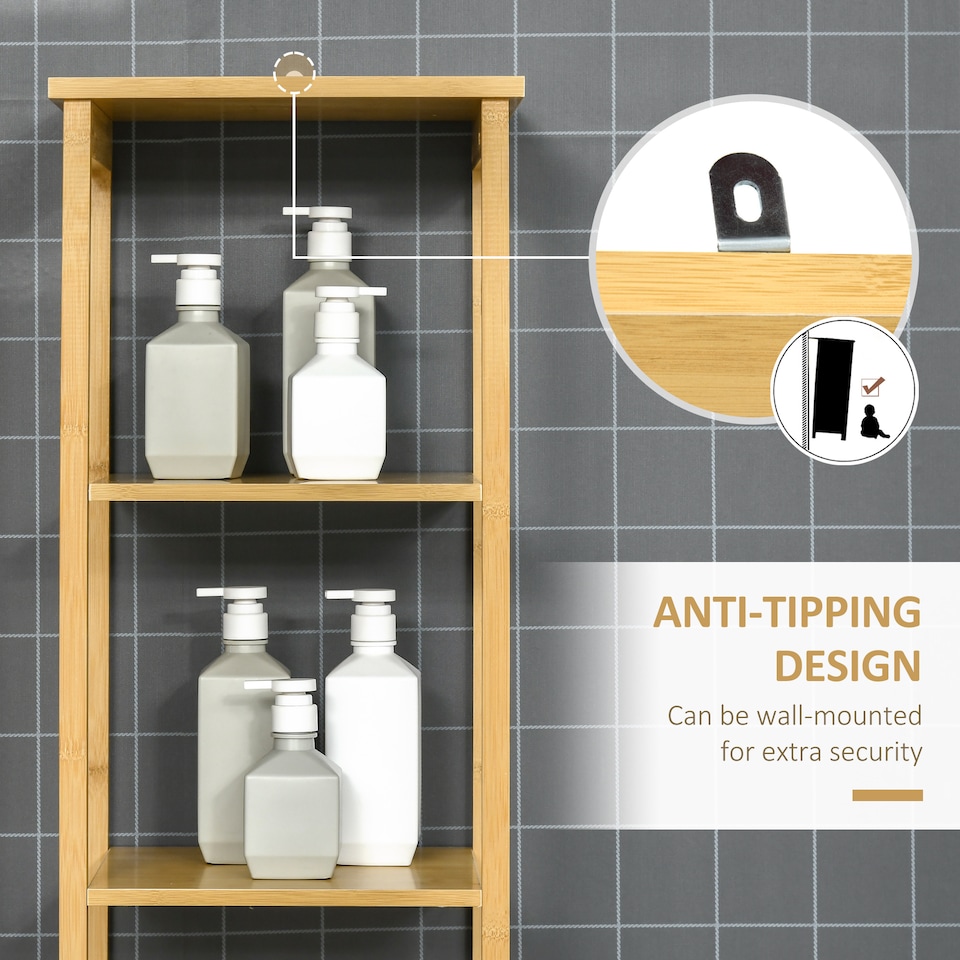 image 1 of kleankin Tall Bathroom Cabinet, Slim Storage Cabinet, Tallboy Bamboo Storage Unit with 3-Tier Storage Shelves and Freestanding Organiser, Natural