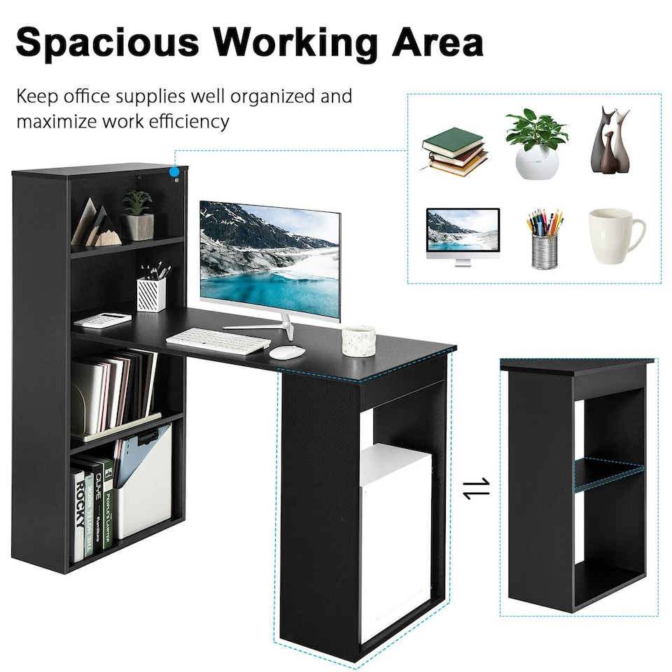 image 1 of COSTWAY Computer Desk Workstation 6-Tier Storage Shelves Black Black