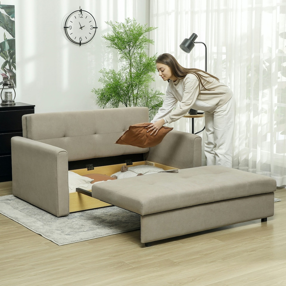 image 1 of HOMCOM 2 Seater Sofa Bed Convertible Bed Settee w/ 2 Cushions Light Brown 