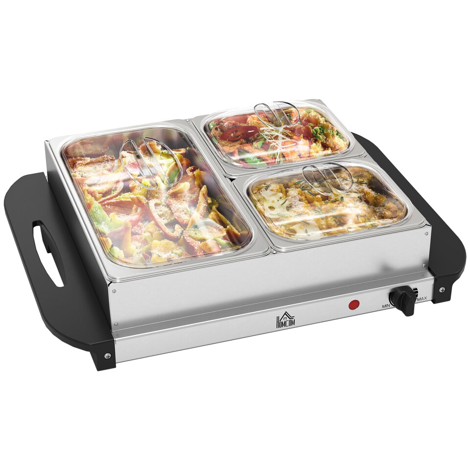 image 1 of HOMCOM 3 Tray Electric Food Warmer Buffet Server with Warming Plate, Cool Touch Handles, Adjustable Temperature, 300W, 1 x 2.5L and 2 x 1L Pans