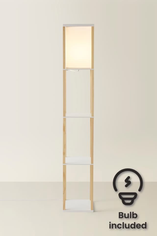 image 1 of ValueLights Struttura Oak Shelving Floor Lamp Fabric Shade & Bulb | Brown
