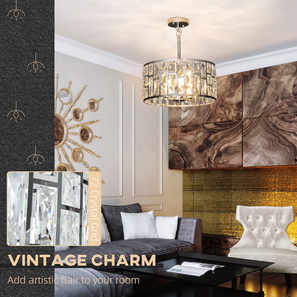 image 1 of HOMCOM Flush Mount Ceiling Light, 3-Light Crystal Chandelier for Living Room | Silver