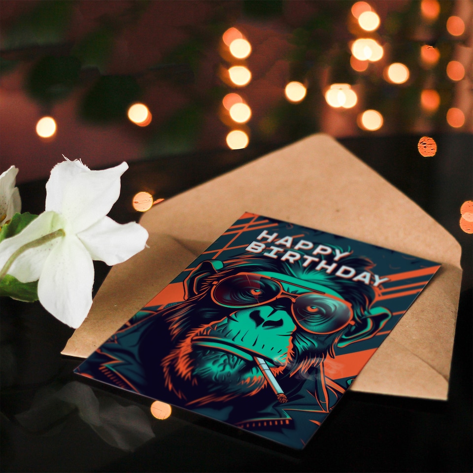 image 1 of Biker Chimp Birthday Card Neon Cyberpunk 1980s Style for Him