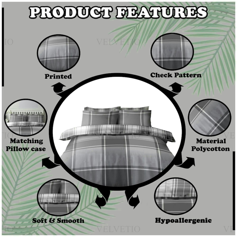 image 1 of VELVETIO Wimborne Check Duvet Cover Set Reversible Polycotton Easy Care Beddings Grey | Double