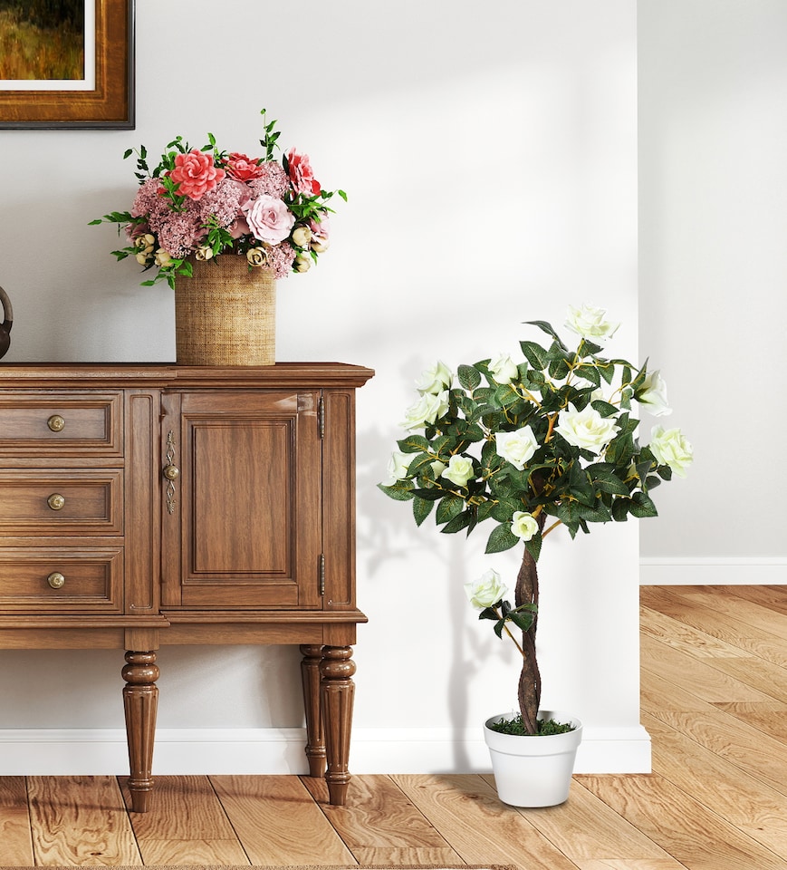 image 1 of Outsunny 90cm3FT Artificial Rose Tree, Fake Decorative Plant with Pot, UV-Resistant FauTree for Outdoor Indoor Home Office Decor, White