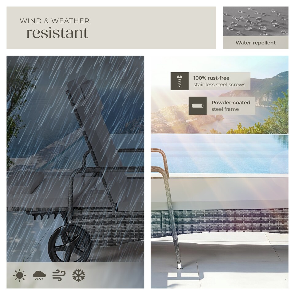 image 1 of Sun Lounger - 6-position backrest, weather and UV-resistant, soft pillow, two wheels | Grey | grey/light grey | 1