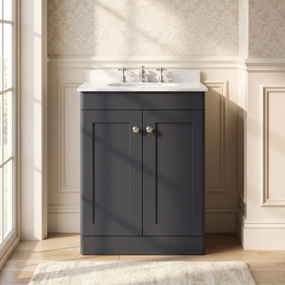 image 1 of Balterley Swynnerton Traditional 2 Door Floor Standing Vanity Unit with Marble Basin, Dark Grey, 600mm