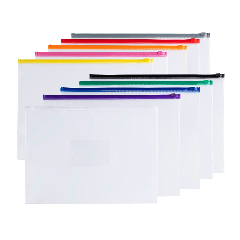 image 1 of Pack of 12 A4+ Foolscap Clear Zippy Bags with Purple Zip