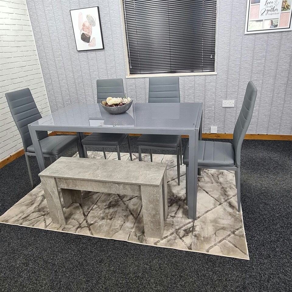 image 1 of Dining Table Set with 4 Chairs, and a Bench Dining Room and Kitchen table set of 4, and Grey Bench Grey
