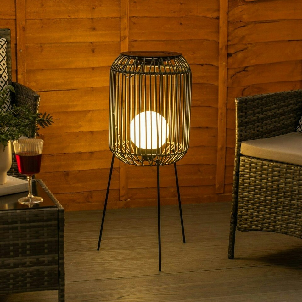 image 1 of ValueLights Solar Powered Outdoor Black Squat Tripod Floor Lamp with Globe Bulb