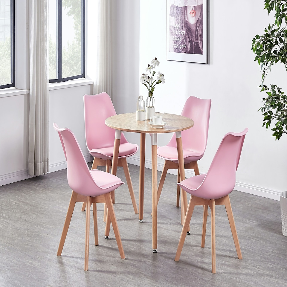 image 1 of 5PCs Dining Set - an Oak Round Dining Table & Set of 4 White Lorenzo Tulip chairs with Padded Seat | Pink