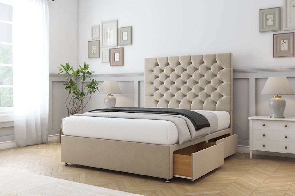 image 1 of Sloomy Mayfair Almond Coniston Divan Bed With Mattress 2 Drawers Footend With 26" Strutted Headboard 6' Super King | Cream | Almond | Super King | 1