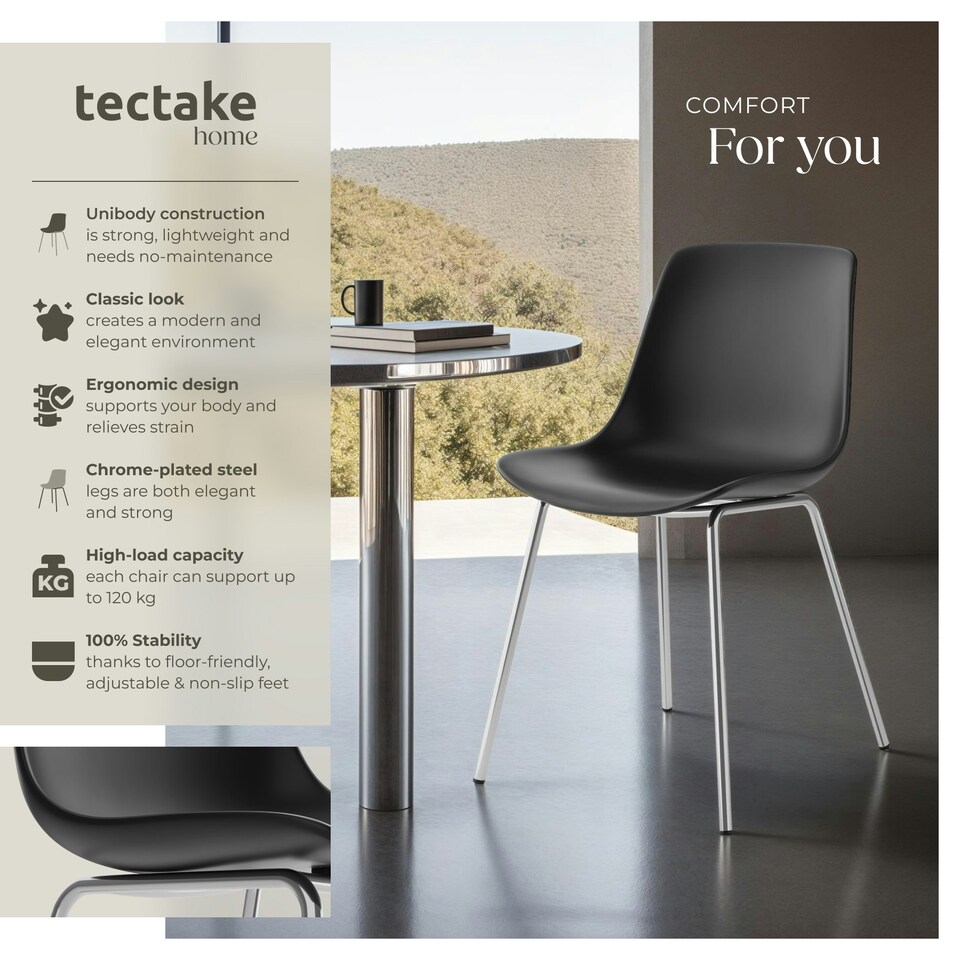 image 1 of Dining Chair Mave - large plastic seat, ergonomic, high backrest, 120 kg load capacity - Set of 4 Black | Black/Chrome