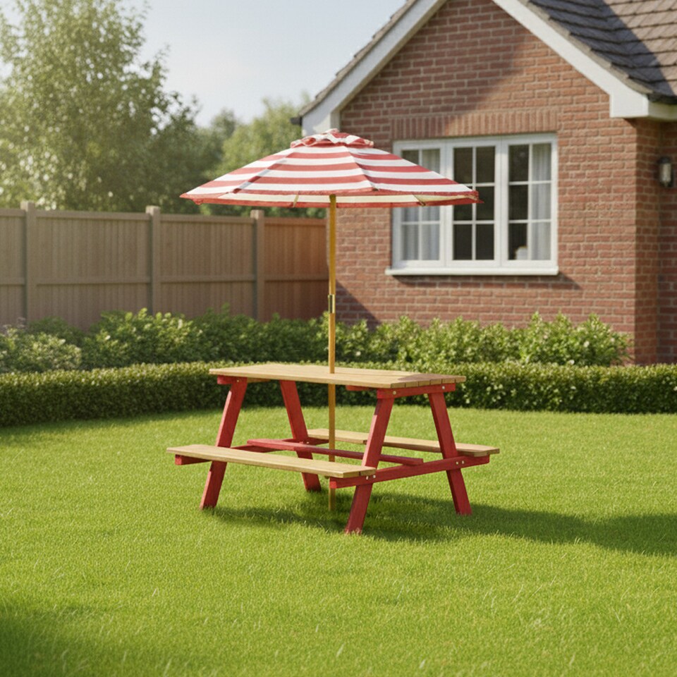 image 1 of Teamson Kids Children's Wooden Picnic Table with Umbrella for Outdoor Garden Play, Red