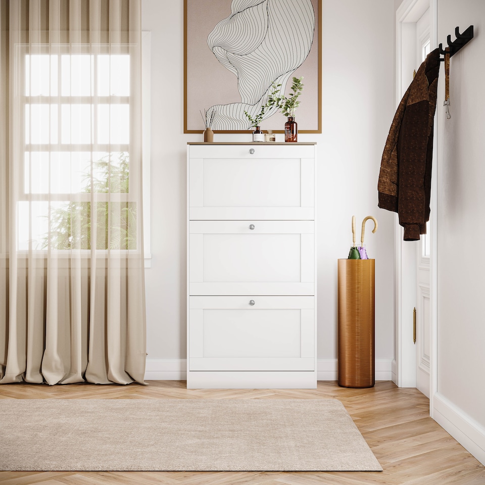 image 1 of Vida Designs 3 Drawer Shoe Cabinet Hallway Home Entrance Storage Unit, White & Oak