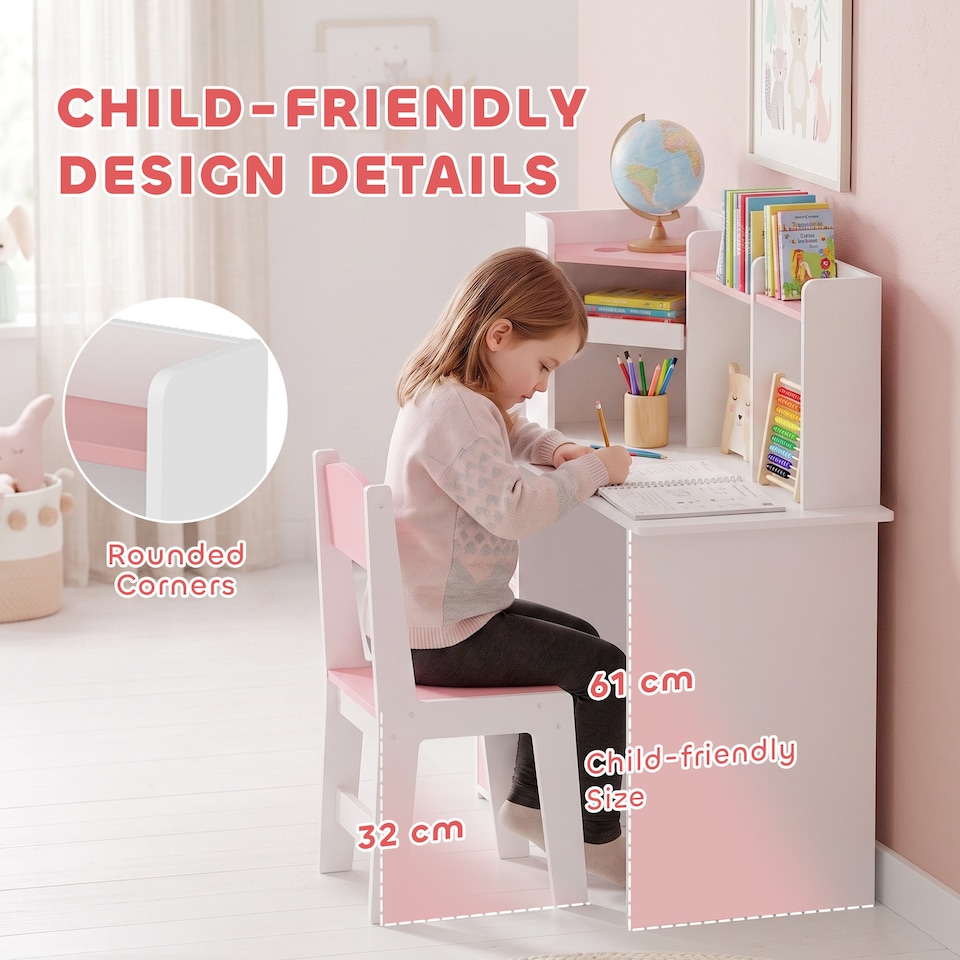 image 1 of AIYAPLAY Kids Desk and Chair Set w/ Cabinets for Ages 5-12 Years, Pink