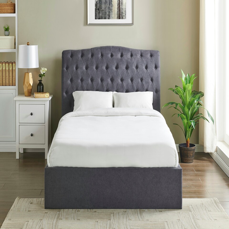 image 1 of 3ft Single Ottoman gas liftup storage bed frame,fabric upholstered, dark grey,buttoned back,curved bed frame,bedstead