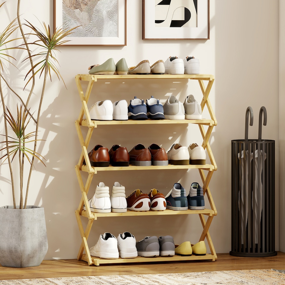 image 1 of HOMCOM 5-Tier Bamboo Shoe Rack, Folding Shoe Shelf, No Assembly, Portable Storage Organiser for Entryway, Hallway, Living Room, Small Space, Holds up to 15 Pairs, Natural | Brown | Natural wood finish