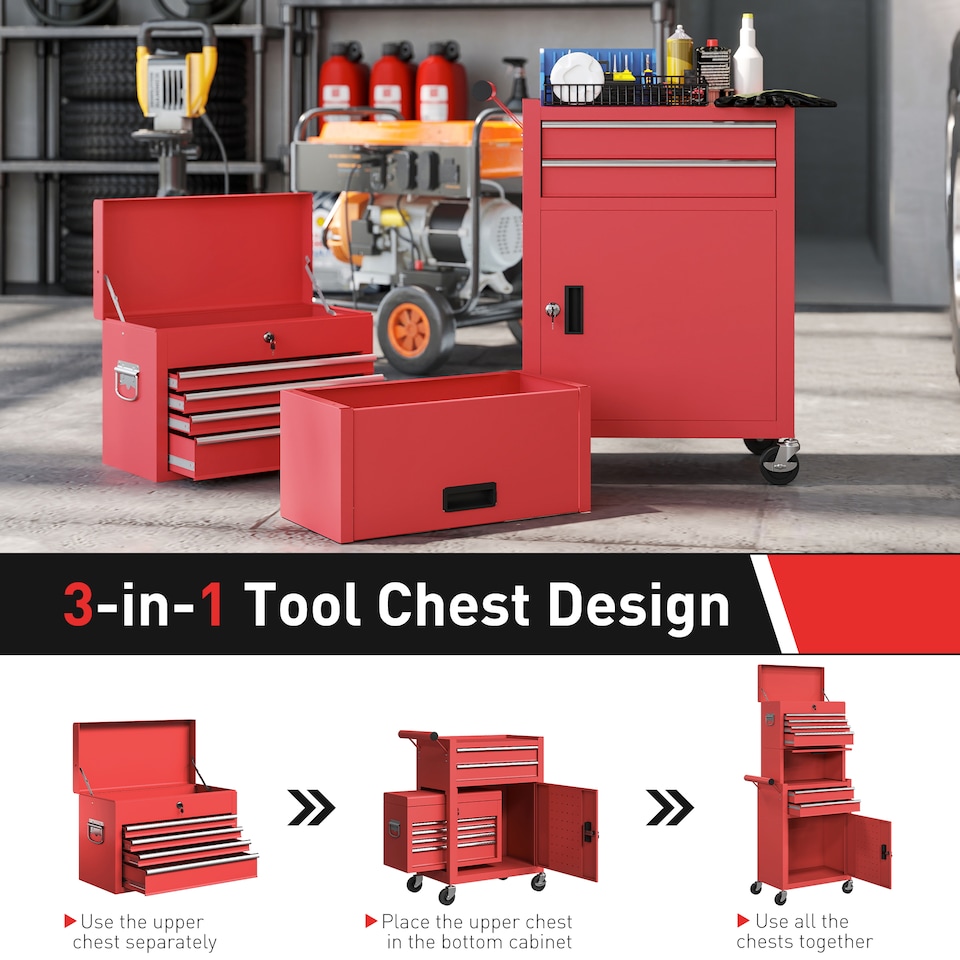 image 1 of HOMCOM 3-in-1 Tool Cabinet with Wheels, Rolling Tool Chest with 6 Drawers | Red
