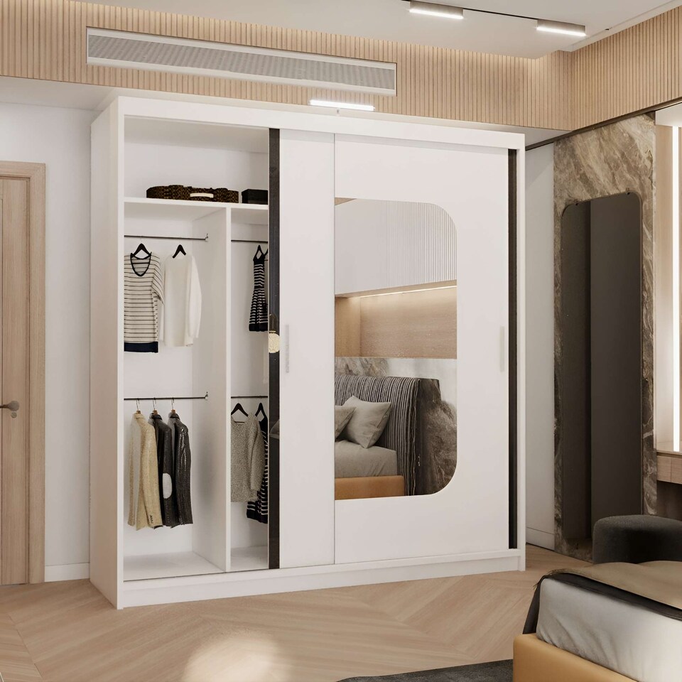 image 1 of Modern Mirror Sliding Wardrobe with Gloss Strips & Storage