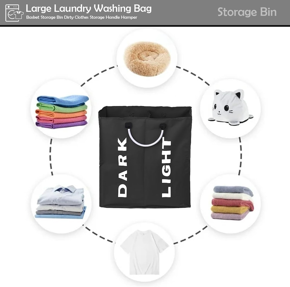 image 1 of Double Collapsible Laundry Basket Bag Divided Clothes Hamper with Handles Foldable Washing Basket for Laundry Sorting Storage