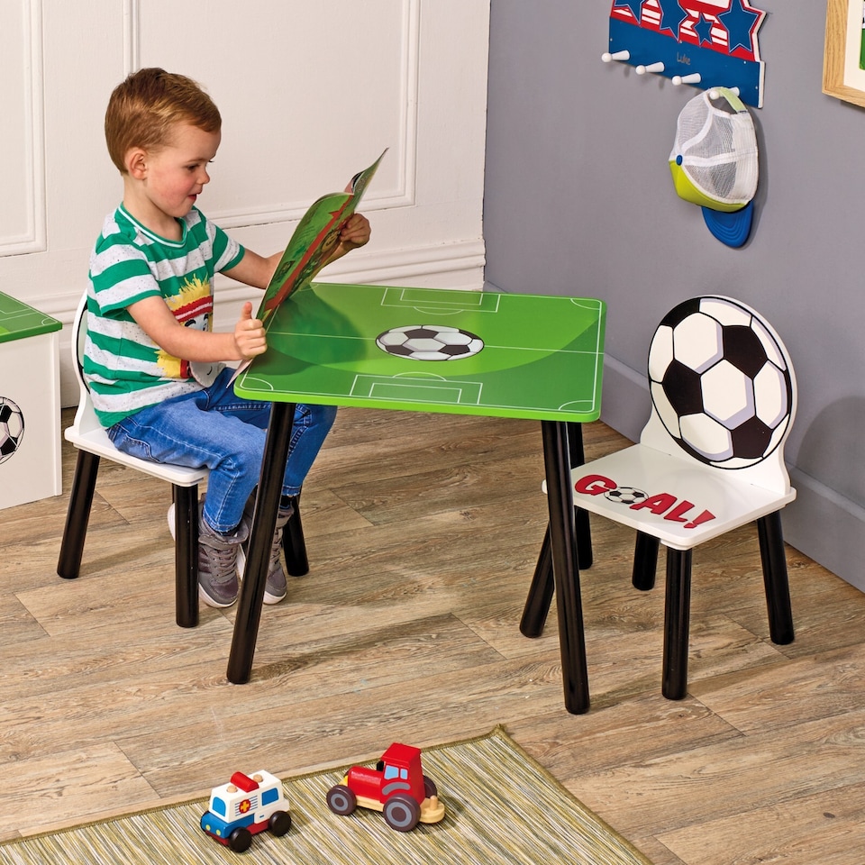 image 1 of Kids Wooden Table And 2 Chairs Themed Set | White | Football | 3