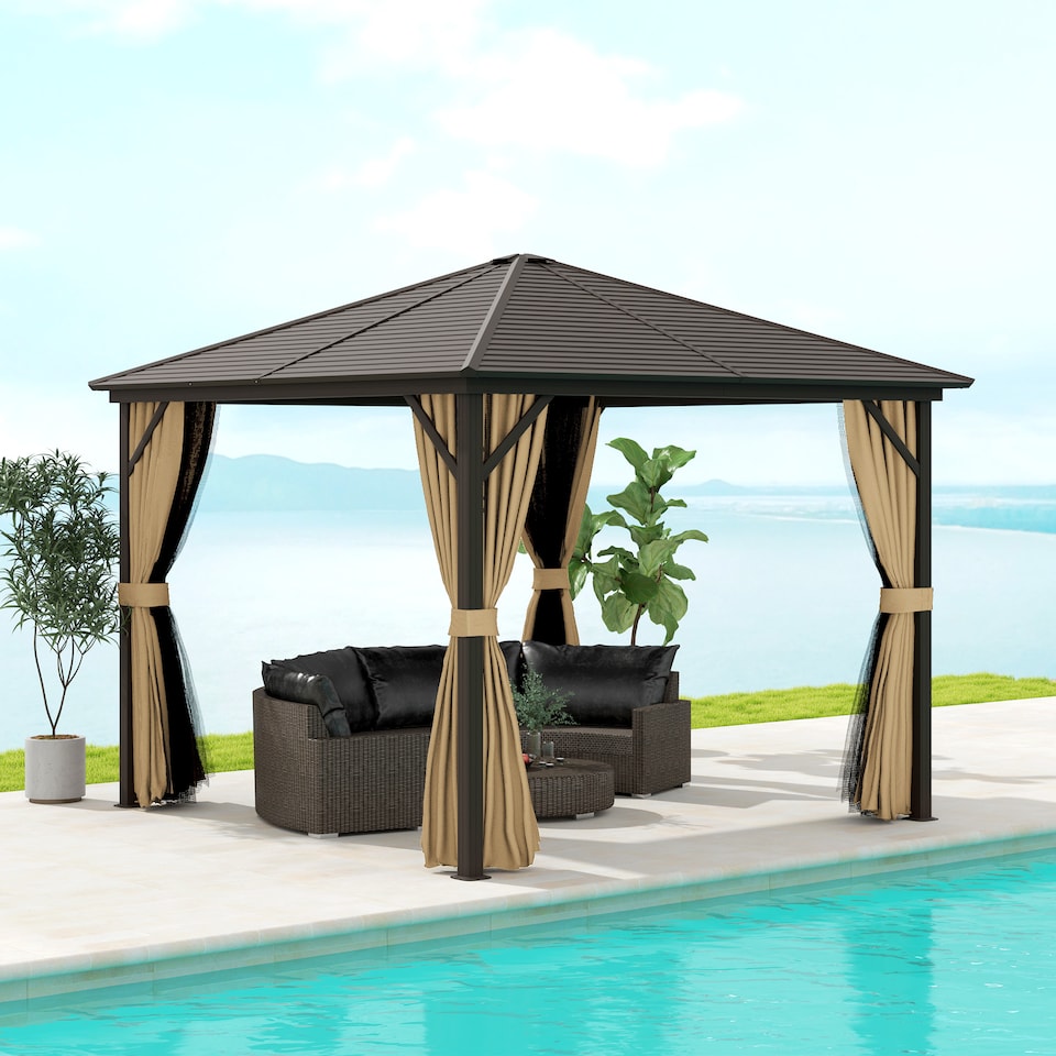 image 1 of Outsunny 3x3(m) Hardtop Gazebo Outdoor Shelter with Aluminium Frame | Brown | Bronze Tone, Brown | 298 x 298 x 260cm | 1