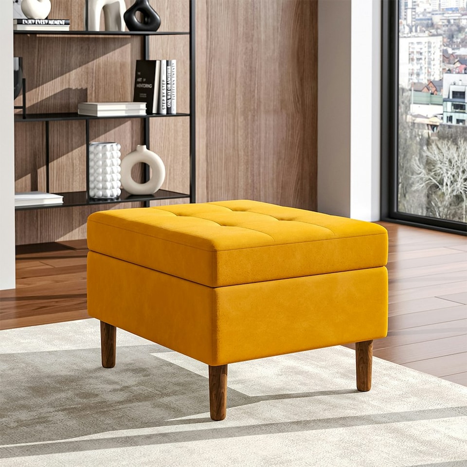 image 1 of Living and Home Modern Tufted Velvet Storage Ottoman- Yellow
