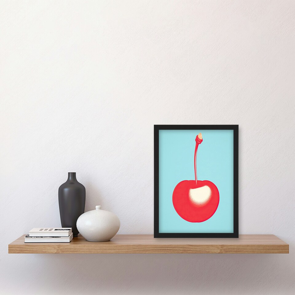 image 1 of Simple Cherry Risograph Kitchen Minimalist Black Framed Wall Art Print A4